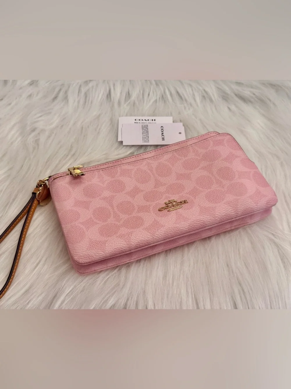 NWT Coach CEF61 Double Zip Wristlet In Signature Canvas With Charms Powder Pink